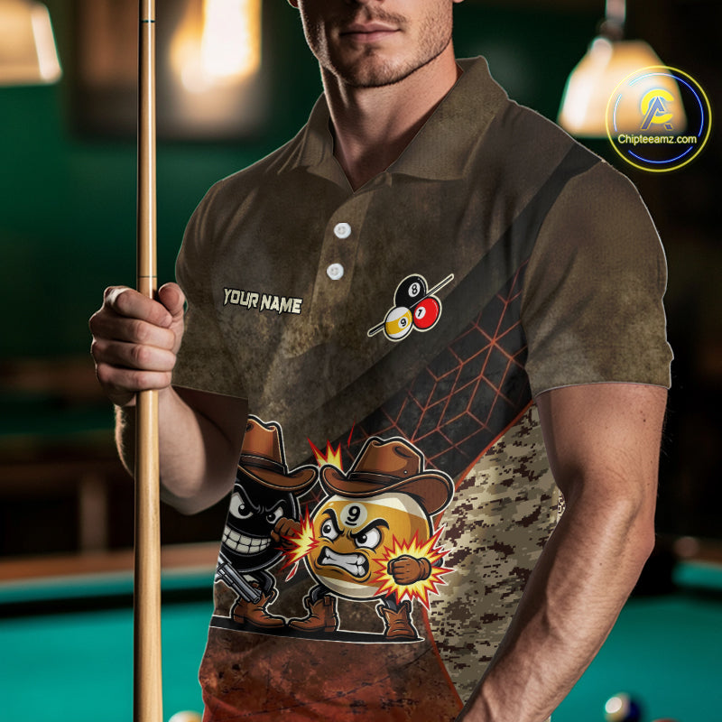 Funny Couple 8 Ball & 9 Ball Cowboys Billiard Shirt For Men Custom Brown Camo Billiard Pool Team Shirt NYN3092