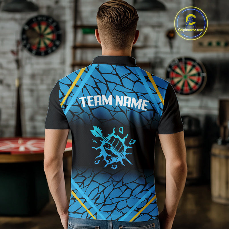 Men’s Custom Darts Shirt With Blue Cracked Pattern And Fist Holding Dart Arrow NYN0311