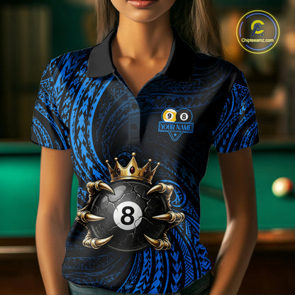 Female pool player wearing Blue Tribal Skull Crown billiard jersey during tournament and league competition