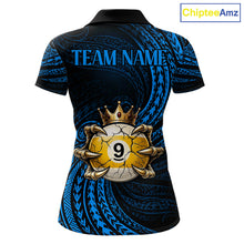 Load image into Gallery viewer, Blue Tribal Skull Crown women's billiard polo shirt custom 8 ball 9 ball pool jersey, personalized billiards team apparel