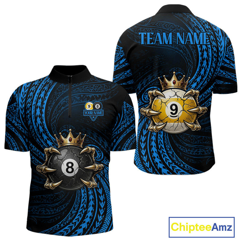 Blue Tribal Skull Crown men's quarter zip billiard shirt custom 8 ball 9 ball team jersey, professional cue sports uniform