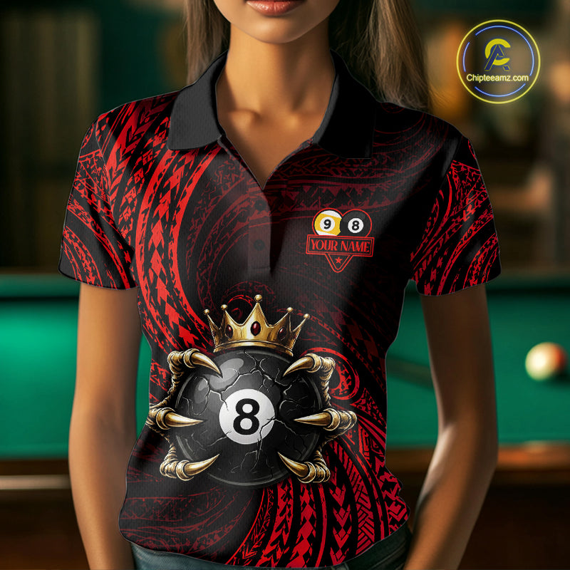 Female billiards player wearing Red Tribal Skull Crown pool jersey during professional billiard competition