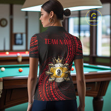 Load image into Gallery viewer, Female billiards player wearing Red Tribal Skull Crown pool jersey during professional billiard competition