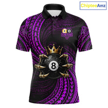 Load image into Gallery viewer, Purple Tribal Skull Crown men's billiard polo shirt custom 8 ball 9 ball team jersey, personalized pool apparel