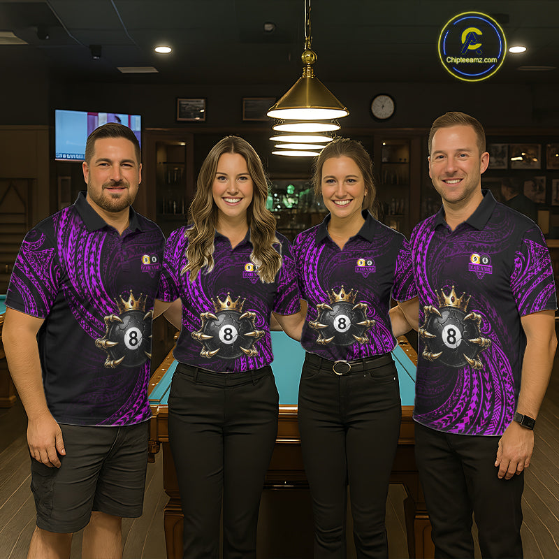 Men women billiard team wearing Purple Tribal Skull Crown custom 8 ball 9 ball uniforms