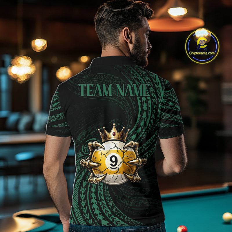 Male billiards player wearing Green Tribal Skull Crown pool jersey during APA and BCA competition