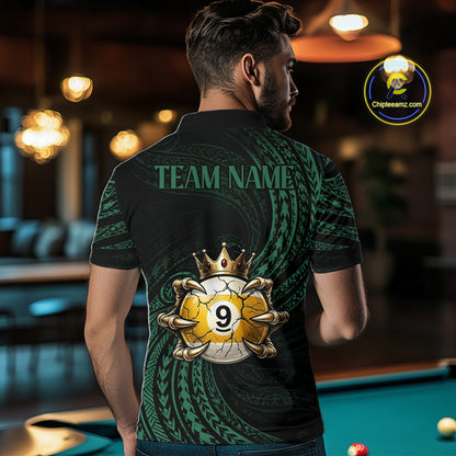 Male billiards player wearing Green Tribal Skull Crown pool jersey during APA and BCA competition