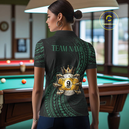 Female billiards player wearing Green Tribal Skull Crown pool jersey during APA and BCA competition