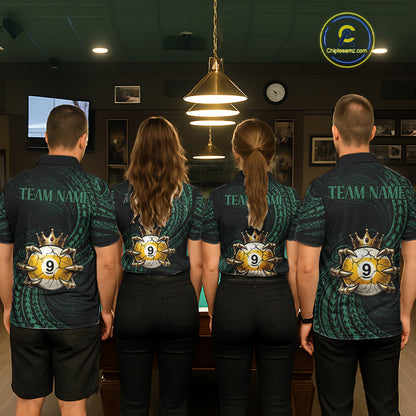 Men women billiard team wearing Green Tribal Skull Crown custom billiards uniforms and tournament jerseys
