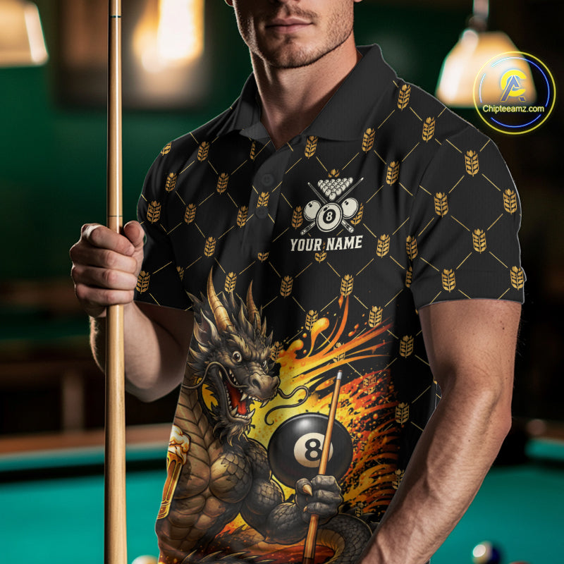 Male billiards player wearing Beer Funny Dragon 8 Ball pool jersey during tournament and league competition