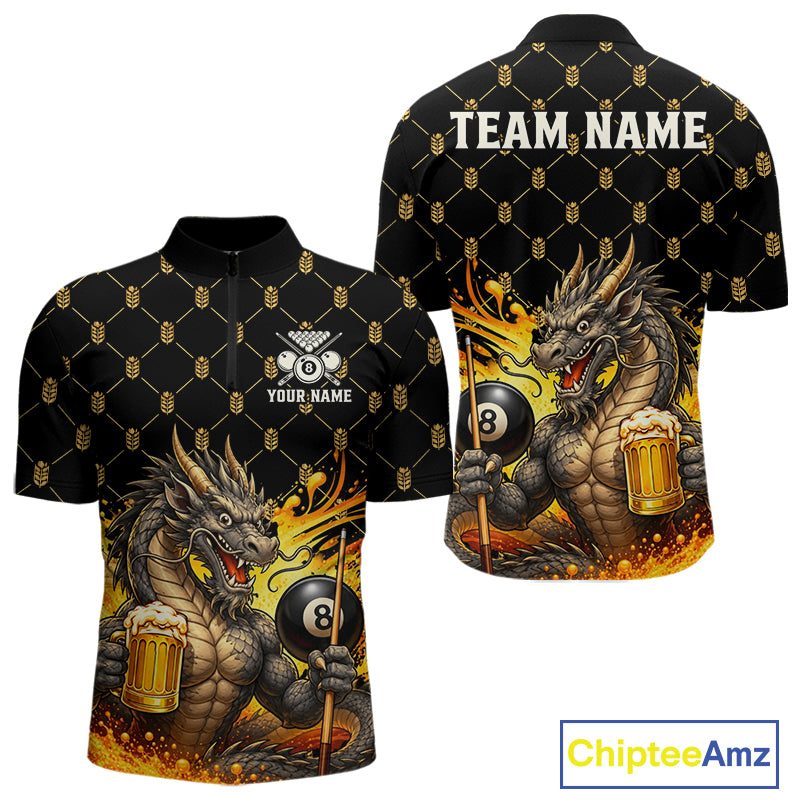 Beer Funny Dragon Play Pool 8 Ball men's quarter zip billiard shirt custom pool league jersey, cue sports apparel