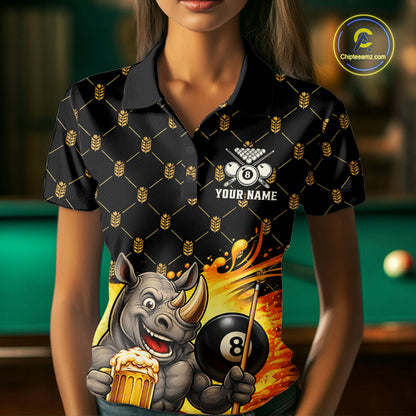 Female pool player wearing Beer Funny Rhino 8 Ball billiard jersey during league night and recreational tournament