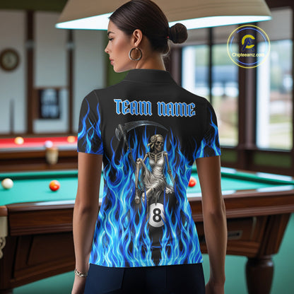 Female pool player wearing Blue Grim Reaper fire flame billiard jersey during APA league competition