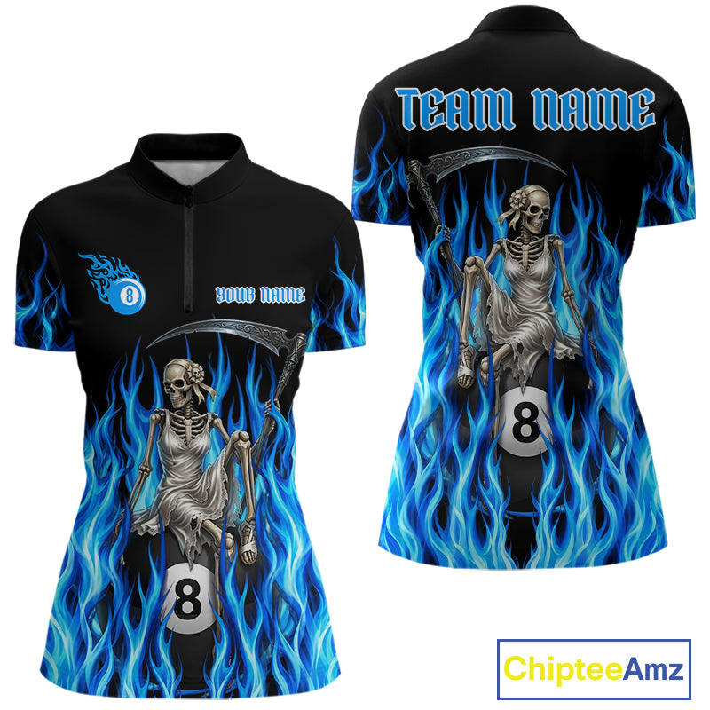 Blue Grim Reaper women's quarter zip billiard shirt custom flame pool team jersey, tournament cue sports uniform