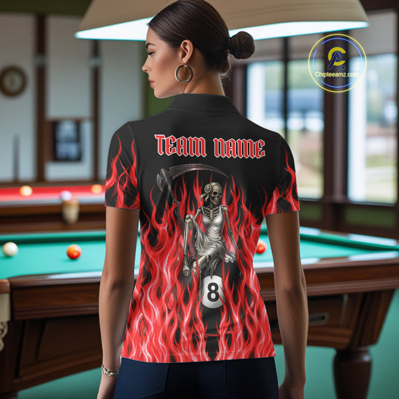 Female billiards player wearing Red Grim Reaper flame billiard jersey during tournament and league play