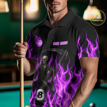 Load image into Gallery viewer, Male pool player wearing Purple Grim Reaper flame billiard jersey during APA league and BCA tournament