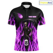 Load image into Gallery viewer, Purple Grim Reaper men's billiard polo shirt custom fire flame pool jersey, personalized billiards apparel
