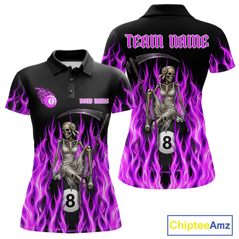 Purple Grim Reaper women's billiard polo shirt custom fire flame pool jersey, personalized billiards apparel