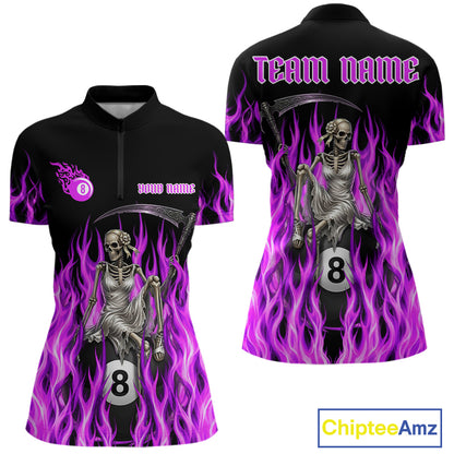 Purple Grim Reaper women's quarter zip billiard shirt custom cue sports team jersey, tournament pool apparel