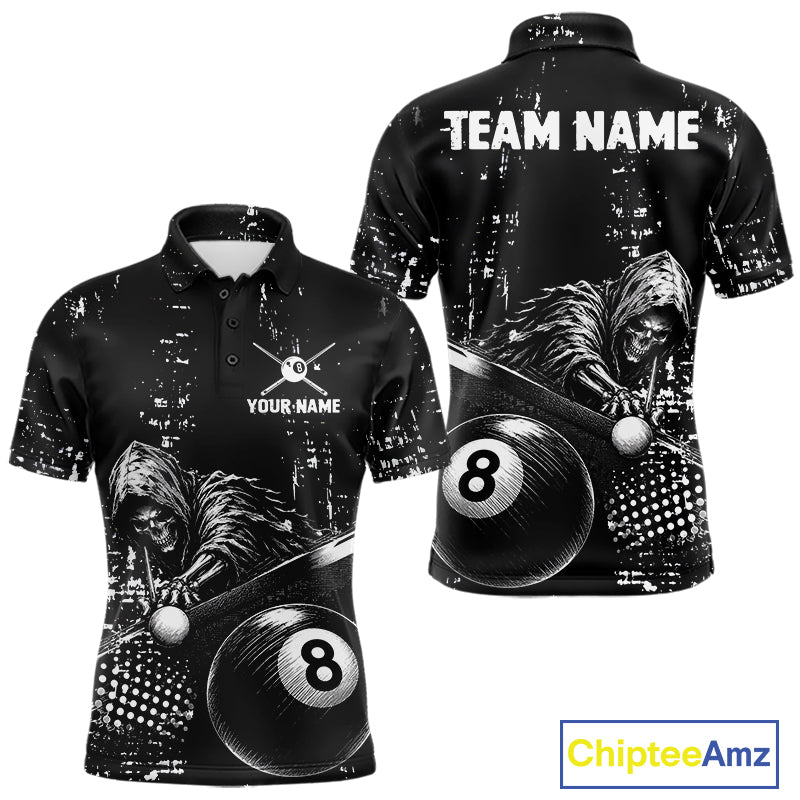 Grim Reaper Plays 8 Ball men's billiard polo shirt custom black white grunge pool jersey, personalized billiards apparel
