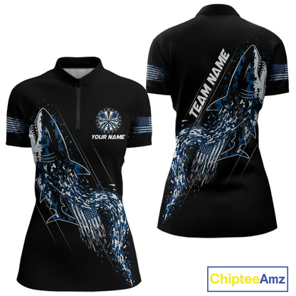 Custom Black And Blue US Flag Digital Camo Shark Darts Quarter-Zip Shirt For Women Dart Gifts NYN1994
