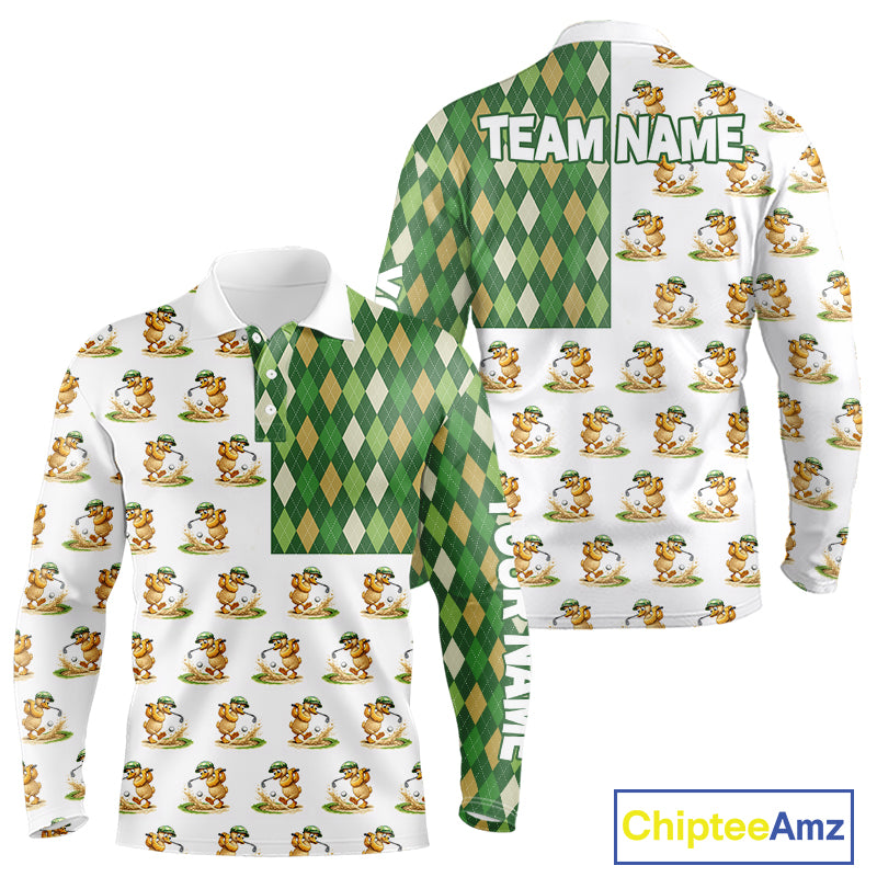 Funny Duck Polo Shirt Mens Golf Polo Shirts Custom Green Argyle Pattern Duck Golf Shirts NYN2879
