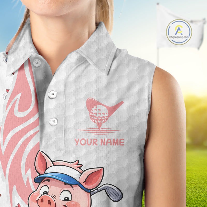 Funny Pig Sleeveless Polo Shirt Womens Golf Polo Shirts Custom Golfing Pig White Golf Pattern Shirts NYN2883