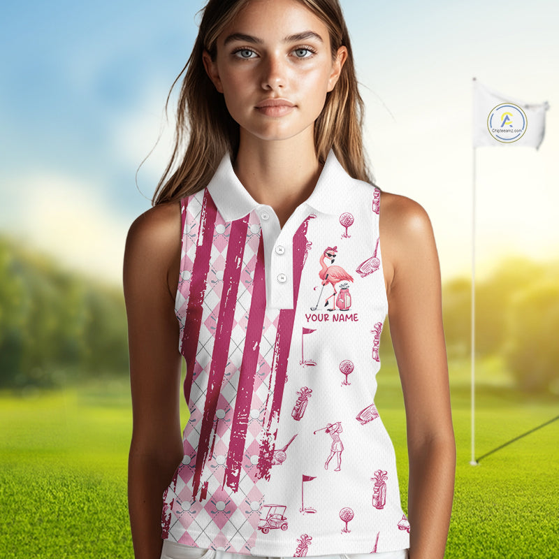Custom Funny Flamingo Womens Golf Shirt Sleeveless Polo, Pink Paint Argyle Pattern Golf Team Outfits For Ladies NYN3095