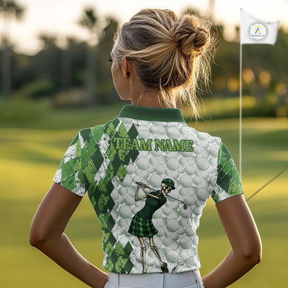 Funny Womens Golf Polo Shirt Custom Green Argyle Pattern Golf Ball Personalized Skull Golf Shirts NYN3100