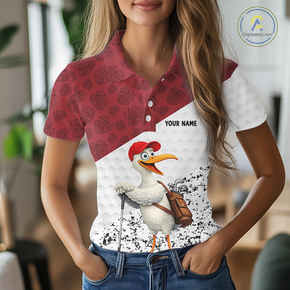 Funny Duck Golfer Womens Golf Polo Shirt Custom Black Grunge Tropical Team Golf Shirts | Red NYN3101