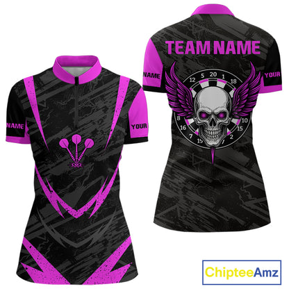 Women's Custom Darts Team Shirt - Purple Wings Skull Dartboard With Grunge Pattern NYN0324