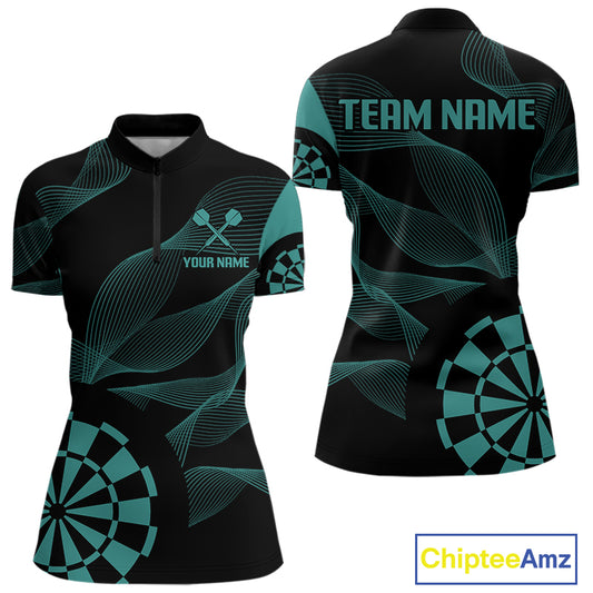 Turquoise Dartboard Waving Lines Darts Shirt For Women - Custom Name & Team Jersey NYN0586