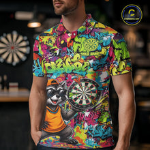 Load image into Gallery viewer, Male darts player wearing Cool Raccoon Dartboard Graffiti jersey during league and tournament matches