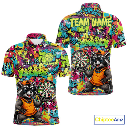 Cool Raccoon Dartboard Graffiti men's darts polo shirt, funny dart jersey, custom dart team apparel, personalized darts uniform
