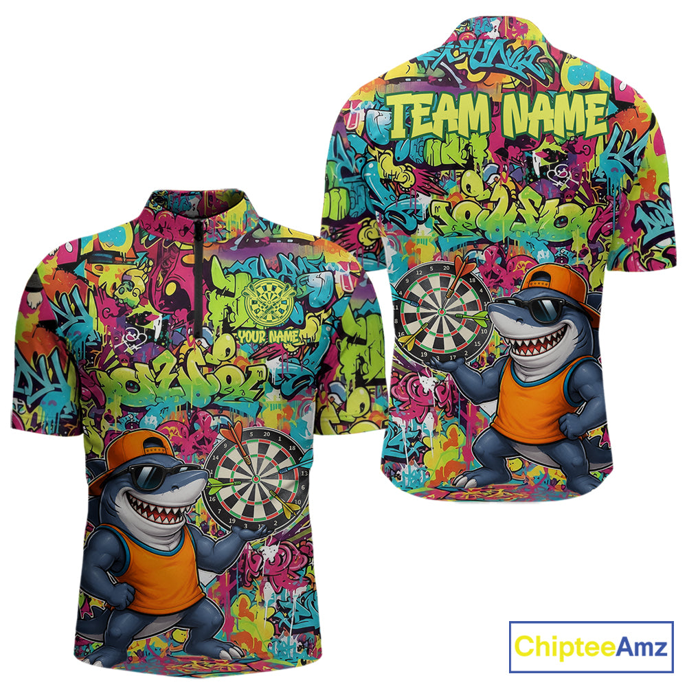 Cool Shark Dartboard Graffiti men's quarter zip darts shirt, custom shark dart team jersey, tournament apparel