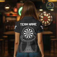 Load image into Gallery viewer, Female darts player wearing Black White Dartboard jersey during dart league and tournament competition