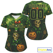Load image into Gallery viewer, Custom Green Skull Patrick's Day Baseball Shirt For Women Xmas Tree Baseball Jerseys NYN1473