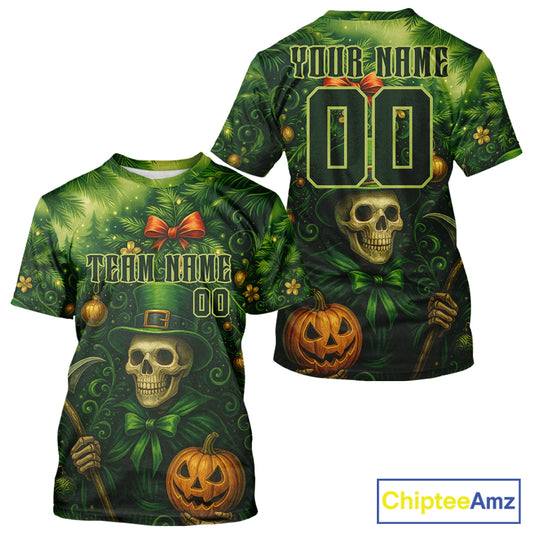 Custom Green Skull Patrick's Day Baseball T-Shirt For Men Xmas Tree Baseball Shirts NYN1473