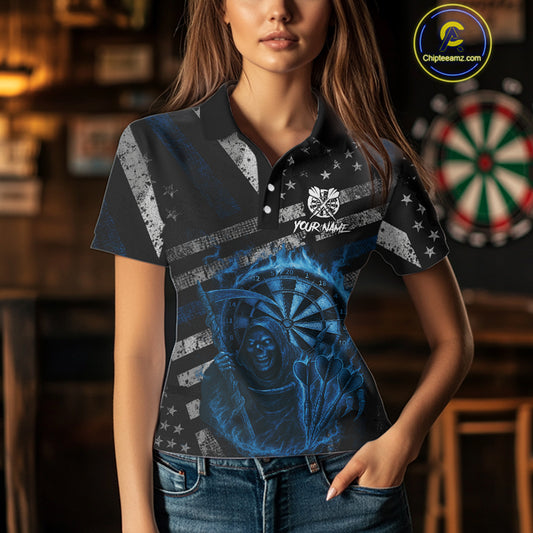 Custom Grunge US Flag Blue Smokes Skeleton Dart Women Polo Jerseys Patriotic Dart Shirts NYN1730