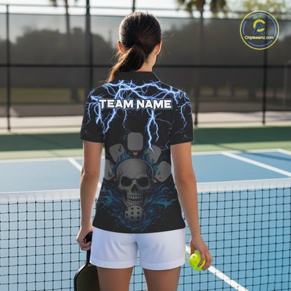 Custom Thunder Blue Flaming Skull Paddle & Ball Pickleball Jerseys Women Pickleball Shirts NYN2229