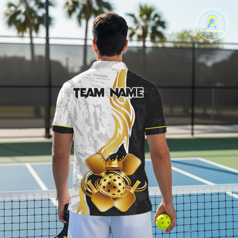 Black-White Gold Crown Pickleball Paddle & Ball Jerseys Custom Men Pickleball League Shirts NYN2234