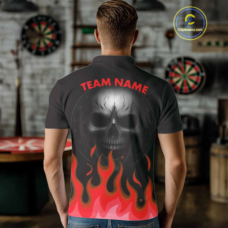 Maroon Flaming Dartboard Grey Skull Darts Shirt For Men - Custom Name & Team Jersey NYN0598