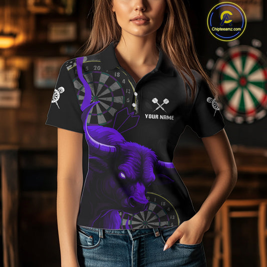 Purple Ferocious Bull Grunge Dartboard Women Polo Darts Shirt Custom Name & Team Jersey NYN2005
