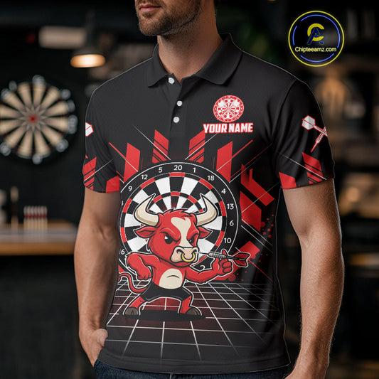 Custom Black And Red Geometry Funny Bull Dart Arrow Polo Dart Shirt For Men Dart Jerseys NYN2008