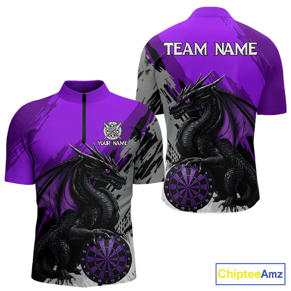 Purple Grunge Dragon Dartboard Custom Men Darts Quarter-Zip League Shirts Dragon Dart Jerseys NYN2238