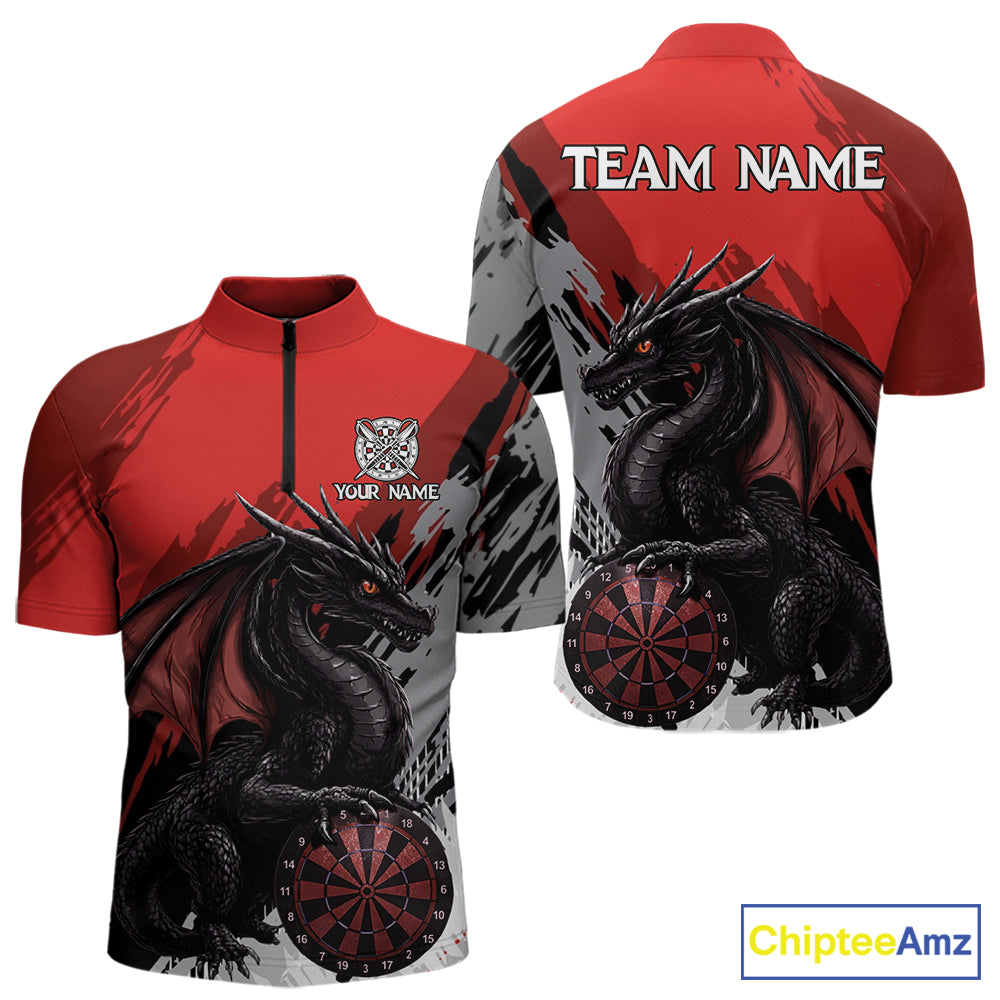Red Grunge Dragon Dartboard Custom Men Darts Quarter-Zip League Shirts Dragon Dart Jerseys NYN2239