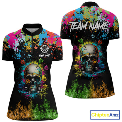 Custom Colorful Skull Dart Arrow Fire Flame Women Darts Quarter-Zip League Shirts Dart Jerseys NYN2242
