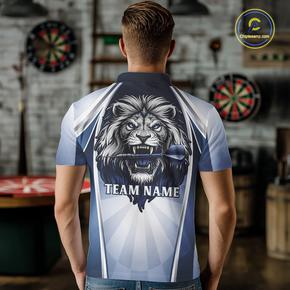 Personalized Blue And Silver Funny Lion Darts Shirt Lion Darts Polo & 1/4-Zip For Men Darts Gifts NYN2899