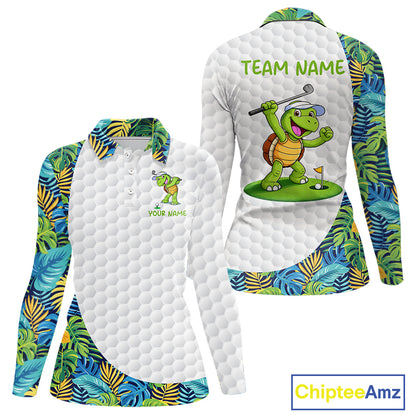 Golfing Turtle Womens Golf Polo Shirt Custom Tropical Pattern Monstera Golf Team Shirts NYN2907