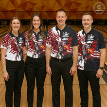 Load image into Gallery viewer, Red, White And Black US Flag Men Bowling Shirt Custom Patriotic Dragon Fire Flame Bowling Team Jersey NYN3276